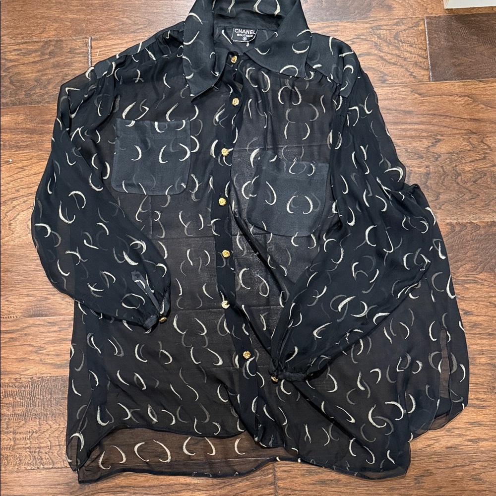 CHANEL Black Sheer Blouse with Gold Accents